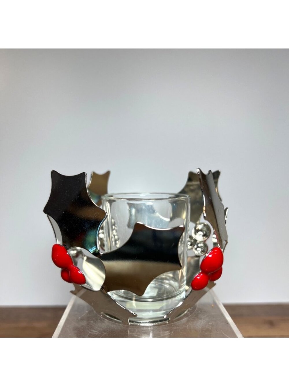 PartyLite Holly-Themed Silver Candle Holder With Glass Insert Red Berry Holiday